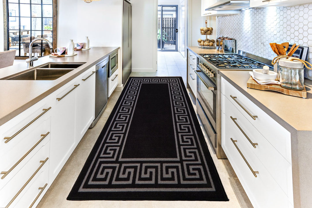 Greek Key Washable Indoor Mat – Black-Grey