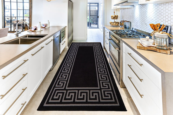 Greek Key Washable Indoor Mat – Black-Grey