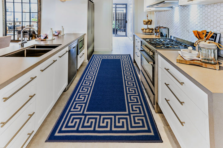 Greek Key Washable Indoor Mat – Blue-Cream