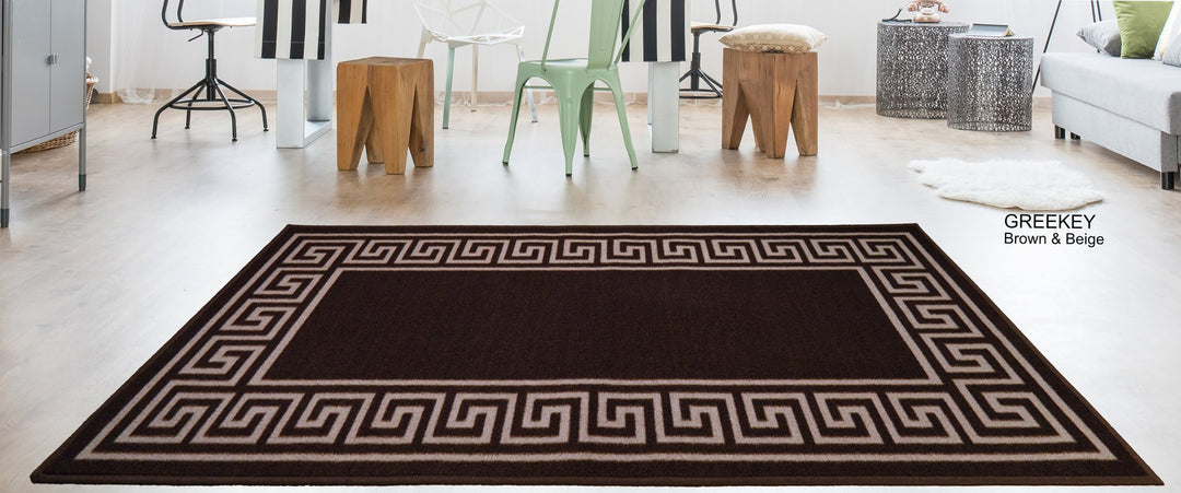 Greek Key Washable Indoor Mat – Brown-Beige