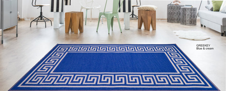 Greek Key Washable Indoor Mat – Blue-Cream