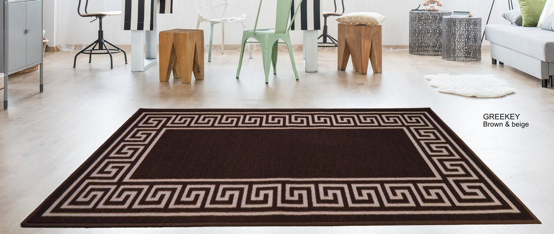 Greek Key Washable Indoor Mat – Brown-Beige