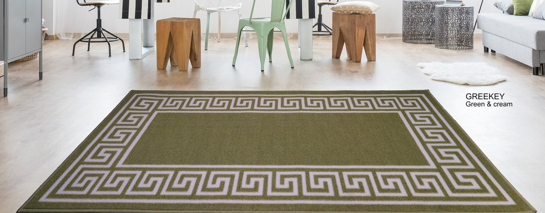 Greek Key Washable Indoor Mat – Green/Cream
