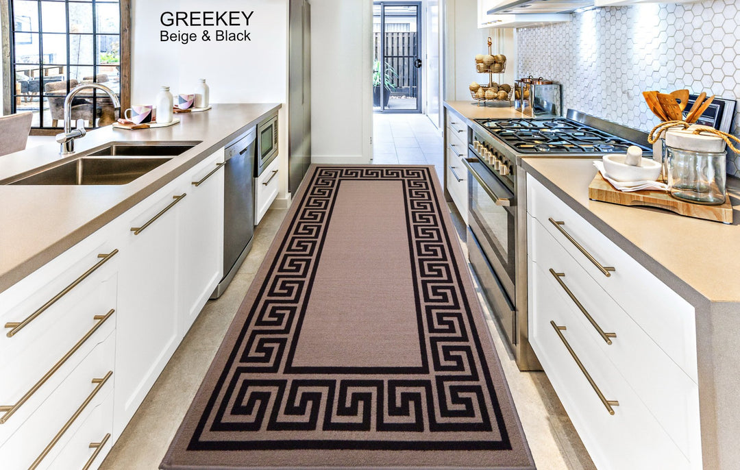 Greek Key Washable Indoor Mat – Beige-Black