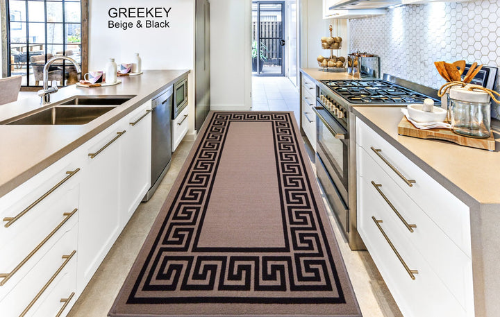 Greek Key Washable Indoor Mat – Beige-Black