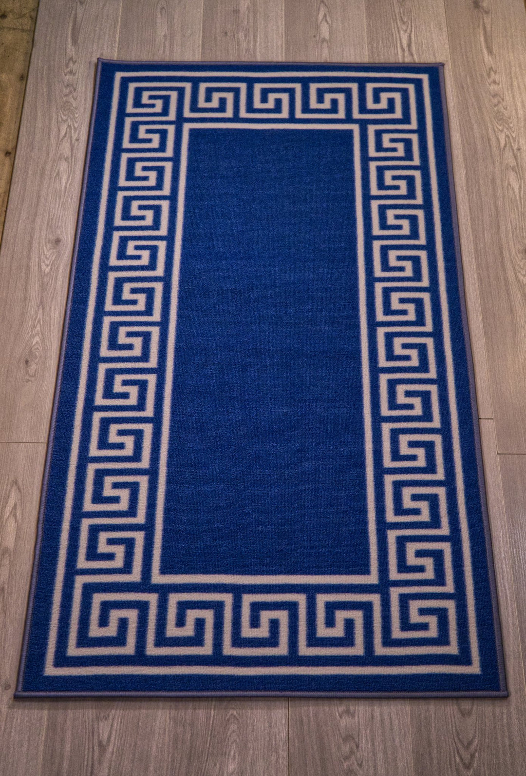 Greek Key Washable Indoor Mat – Blue-Cream