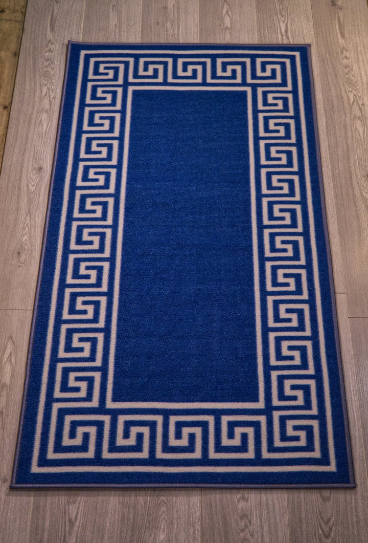 Greek Key Washable Indoor Mat – Blue-Cream