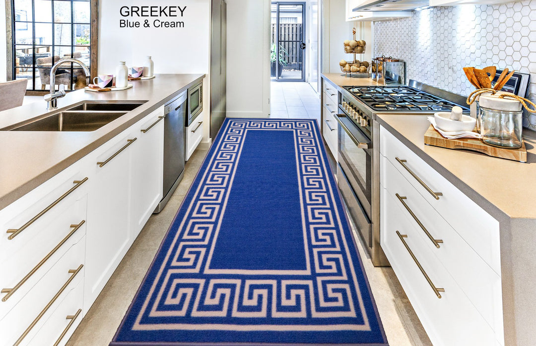 Greek Key Washable Indoor Mat – Blue-Cream