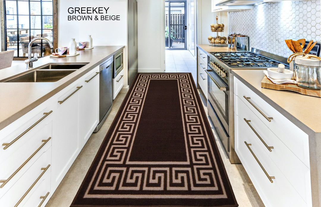 Greek Key Washable Indoor Mat – Brown-Beige