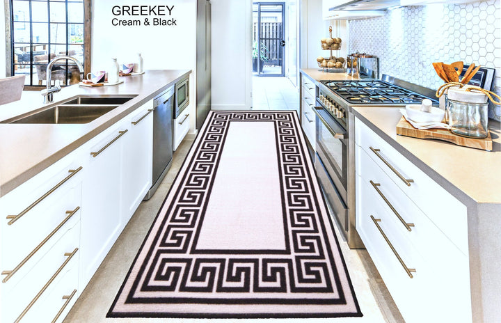 Greek Key Washable Indoor Mat – Cream-Black