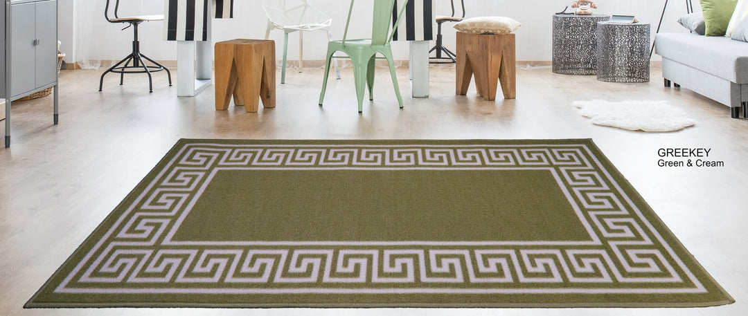 Greek Key Washable Indoor Mat – Green/Cream