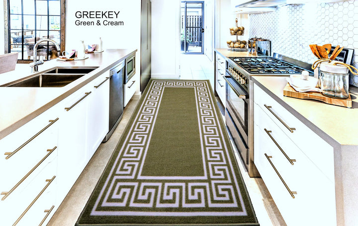Greek Key Washable Indoor Mat – Green/Cream