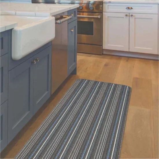 Striped Launderable Mat Lead/Light Blue Runner