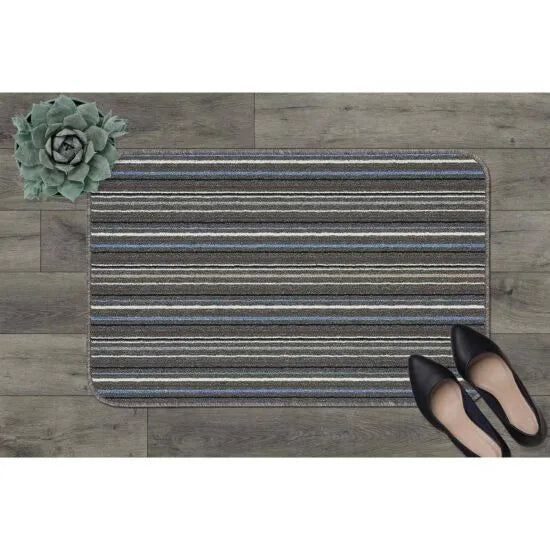 Striped Launderable Mat Lead/Light Blue