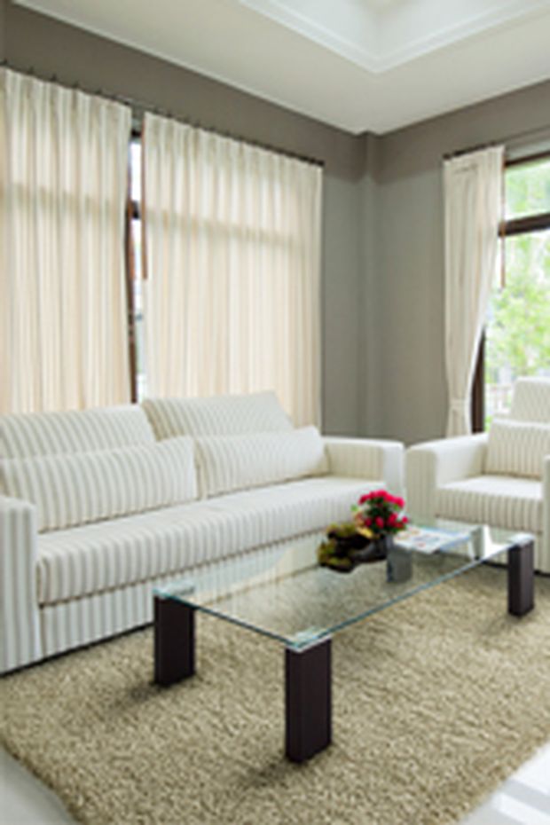 Serene Light Beige Rug in front of sofas